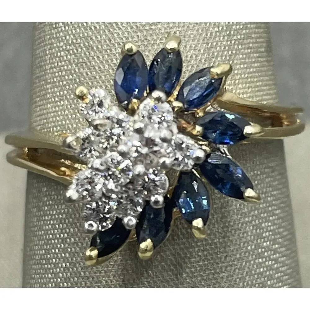 14K Yellow Gold Diamond & Blue Stone Cluster Wave Ring (21886)